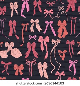 Seamless pattern with cute hand drawn fancy pink bow knots. Pretty retro coquettes wallpaper. Vintage romantic repeat background for wedding, birthday or Valentines decoration. Vector illustration