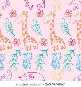Seamless pattern with cute hand drawn animals. Vector illustration.