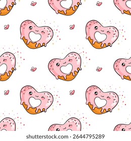 Seamless pattern with cute hand drawn heart-shaped donut on white background. Vector design for print, fabric, wallpaper or wrapping paper.
