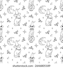 Seamless pattern with cute hand drawn monochrome Halloween witchy black cats sitting on top of skull. Line art spooky repeat background.