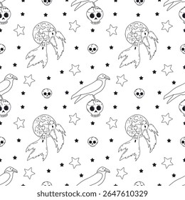 Seamless pattern with cute hand drawn monochrome Halloween ghosts. Black and white Line art spooky repeat background.