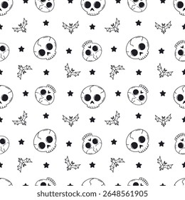 Seamless pattern with cute hand drawn monochrome Halloween skulls. Black and white Line art Day of The dead repeat background.