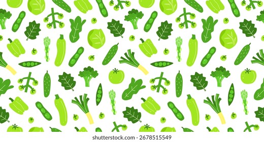 Seamless pattern with cute hand drawn flat green vegetables on white background. Healthy vegetarian nutrition. Colorful vitamin food in modern style. Autumn harvest farm festival.