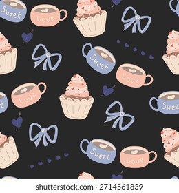 Nahtloses Muster mit niedlichen handgezeichneten Cupcakes, Kaffeebechern, Bögen und Herzen auf dunklem Hintergrund. Flaches Design zum Verpacken von Papier, Stoff oder Valentinstag-Konzepten
