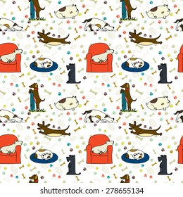 Seamless pattern with cute hand drawn cartoon dogs with bones and paw prints on the background. Sketches of cute Scottish terrier, dachshund and bulldog in different poses.