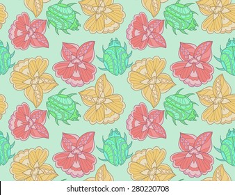 Seamless pattern with cute hand drawn flowers and bugs. Vector