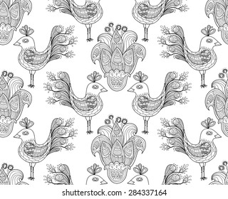 Seamless pattern with cute hand drawn ornamental birds and flowers. Vector