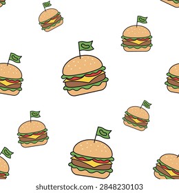 Seamless pattern of cute hand drawn burger doodles with green flags on a white background.