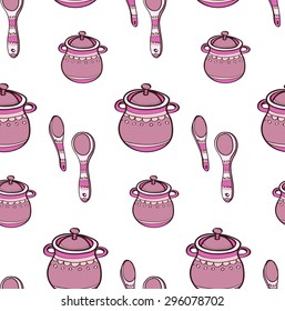Seamless pattern with cute hand drawn ornate kitchen pans and spoons. Doodles colorful collection. Vector