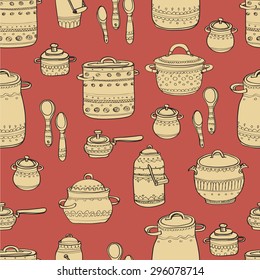Seamless pattern with cute hand drawn ornate kitchen pans and spoons. Doodles colorful collection. Vector