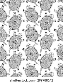 Seamless pattern with cute hand drawn ornamental turtles. Vector