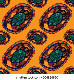 Seamless pattern with cute hand drawn ornamental turtles. Vector