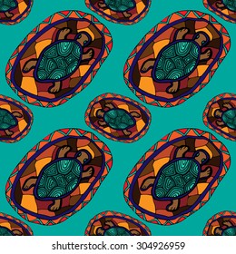 Seamless pattern with cute hand drawn ornamental turtles. Vector