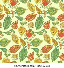 Seamless pattern with cute hand drawn flowers and leaves. Indian style. Vector