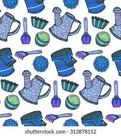 Seamless pattern with cute hand drawn toys. Childish background. Vector