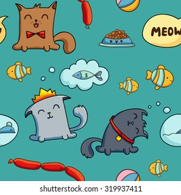 Seamless pattern with cute hand drawn cats on green background. Funny cartoon animals. Vector illustration