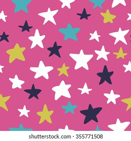 Seamless pattern with cute hand drawn blue, yellow, white stars on pink background. Sky background. Vector illustration.