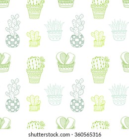 Seamless pattern with cute hand drawn cactuses and succulents. Doodle collection of house plants. Vector