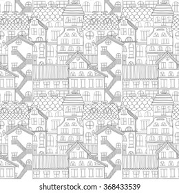 Seamless pattern with cute hand drawn houses. Vector city street collection
