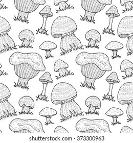 Seamless pattern with cute hand drawn abstract mushrooms. Vector ornamental mushrooms collection