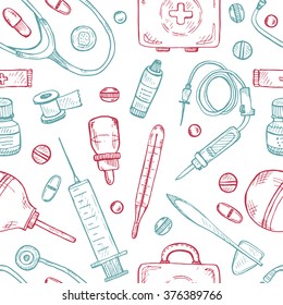 Seamless pattern with cute hand drawn medical icons. Vector medical collection
