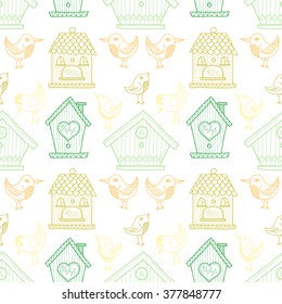 Seamless pattern with cute hand drawn birds and houses for birds