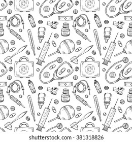 Seamless Pattern With Cute Hand Drawn Medical Icons. Vector Medical Collection