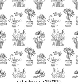 Seamless pattern with cute hand drawn house plants in pots. Vector collection of doodle plants