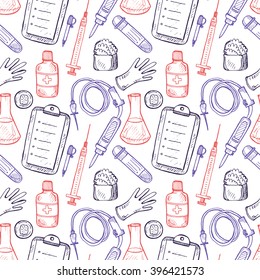 Seamless pattern with cute hand drawn medical icons. Vector medical collection