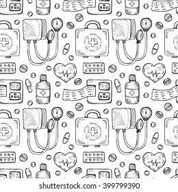 Seamless pattern with cute hand drawn medical icons  including equipment , medical tools and drugs. Vector hand drawn medical collection