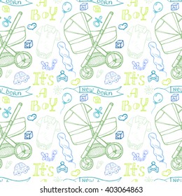 Seamless pattern with cute hand drawn baby care things, clothes and toys for  baby boy. Newborn baby  vector collection.