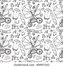 Seamless pattern with cute hand drawn baby care things, clothes and toys for  baby boy. Newborn baby  vector collection.