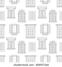 Seamless pattern with cute hand drawn different types of windows  . Vintage windows collection