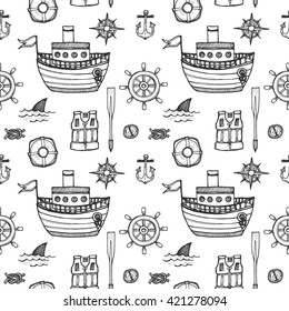Seamless pattern with cute hand drawn elements of marine theme including ships, anchors, fish, shells and others. Hand drawn marine collection