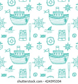 Seamless pattern with cute hand drawn elements of marine theme including ships, anchors, fish, shells and others. Hand drawn marine collection