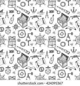 Seamless pattern with cute hand drawn elements of marine theme including ships, anchors, fish, shells and others. Hand drawn marine collection