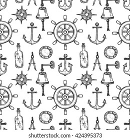 Seamless pattern with cute hand drawn elements of marine theme including anchors, bell and others. Hand drawn marine collection
