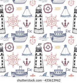 Seamless pattern with cute hand drawn elements of marine theme including ship, anchors and others. Hand drawn marine collection