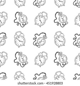 Seamless pattern with cute hand drawn clocks. Vector