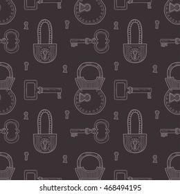 Seamless pattern with cute hand drawn keys and padlocks. Vector collection