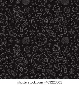 Seamless pattern with cute hand drawn space objects: stars, rockets, planets, etc. Hand-drawn vector collection