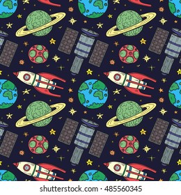 Seamless pattern with cute hand drawn space objects: stars, rockets, planets, etc. Hand-drawn vector collection