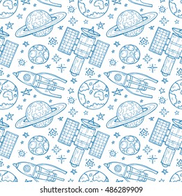 Seamless pattern with cute hand drawn space objects: stars, rockets, planets, etc. Hand-drawn vector collection