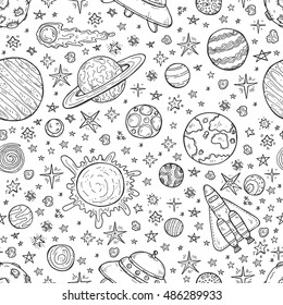 Seamless pattern with cute hand drawn space objects: stars, rockets, planets, moon, sun etc. Hand-drawn vector collection