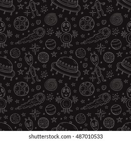Seamless pattern with cute hand drawn space objects: stars, rockets, planets, etc. Hand-drawn vector collection
