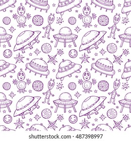 Seamless pattern with cute hand drawn space objects: stars, rockets, planets, etc. Hand-drawn vector collection