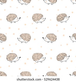 Seamless pattern with cute hand drawn hedgehogs. Vector background for kids.
