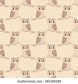 Seamless pattern with cute hand drawn owls and polka dot. Vector background in pale beige colors.