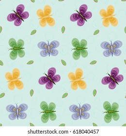 Seamless pattern with cute hand drawn cartoon butterflies and leaves. Nice texture for textile, wrapping paper, wallpaper