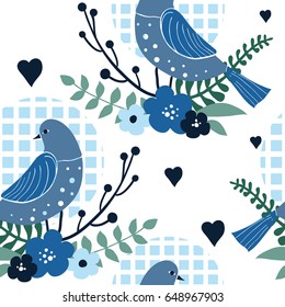 Seamless pattern with cute hand drawn birds and flowers. Blue doodle vector illustration